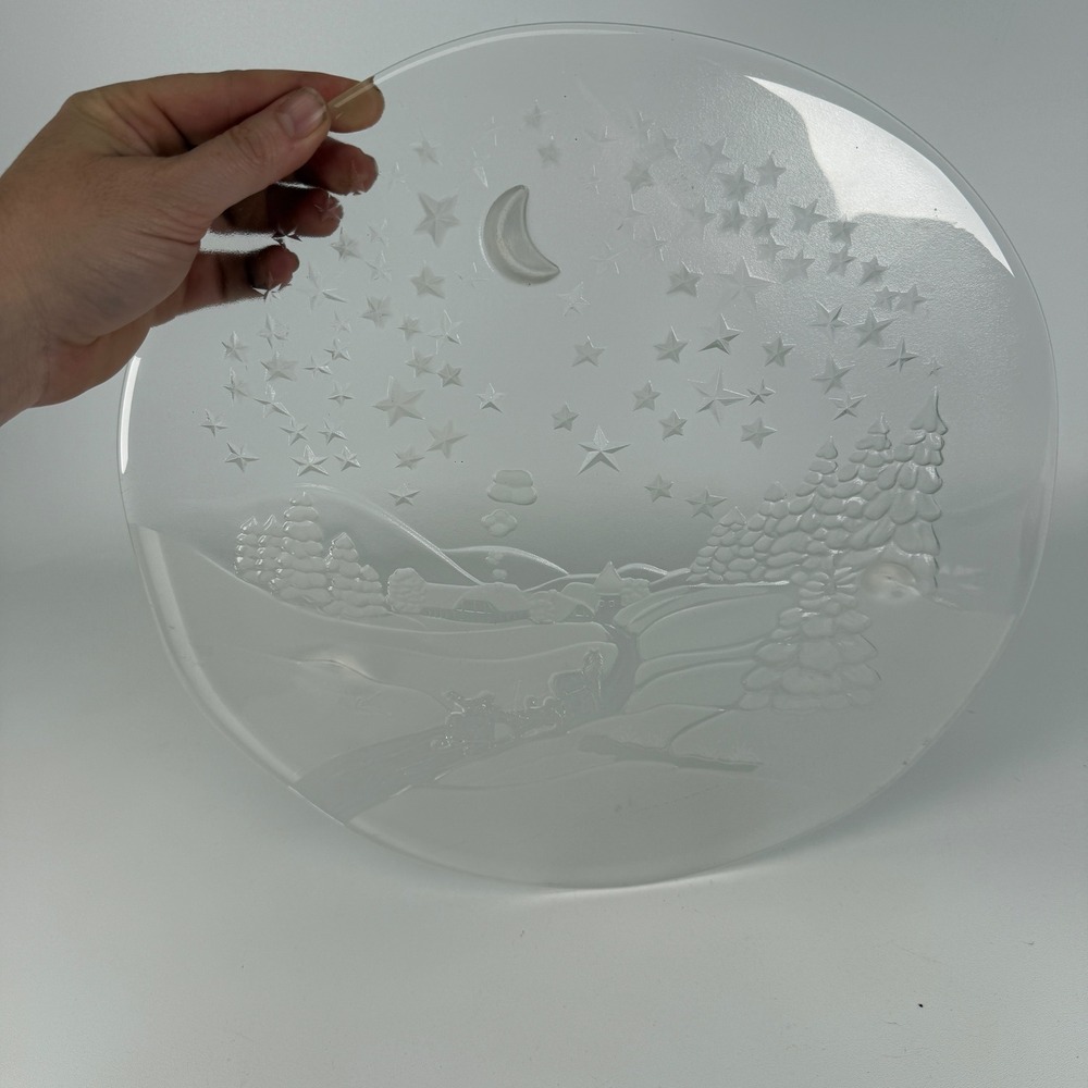 Studio Nova Winter Night Glass Platter Frosted Stars Moon Christmas Sleigh 15in
